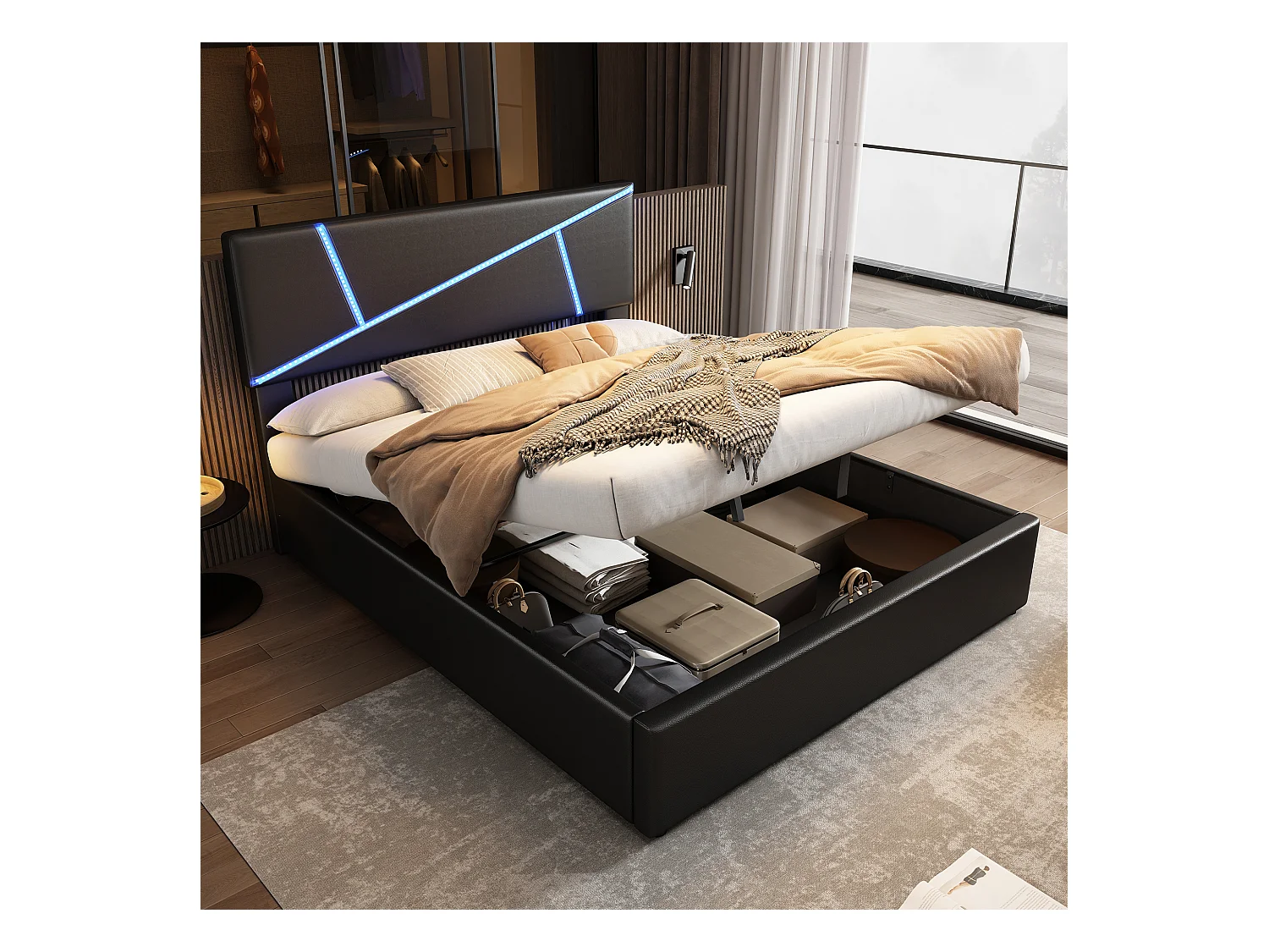 Lit coffre 140 x 200 cm avec tête de lit  - LEDs - Simili cuir - Sommier à lattes et espace de rangement - Coloris noir