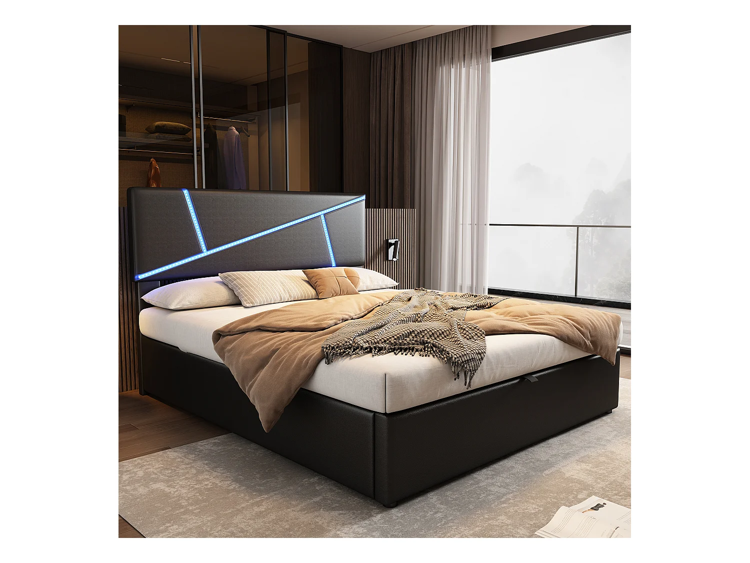 Bettkasten 140 x 200 cm mit Kopfteil – LEDs – Kunstleder – Lattenrost und Stauraum – Farbe Schwarz