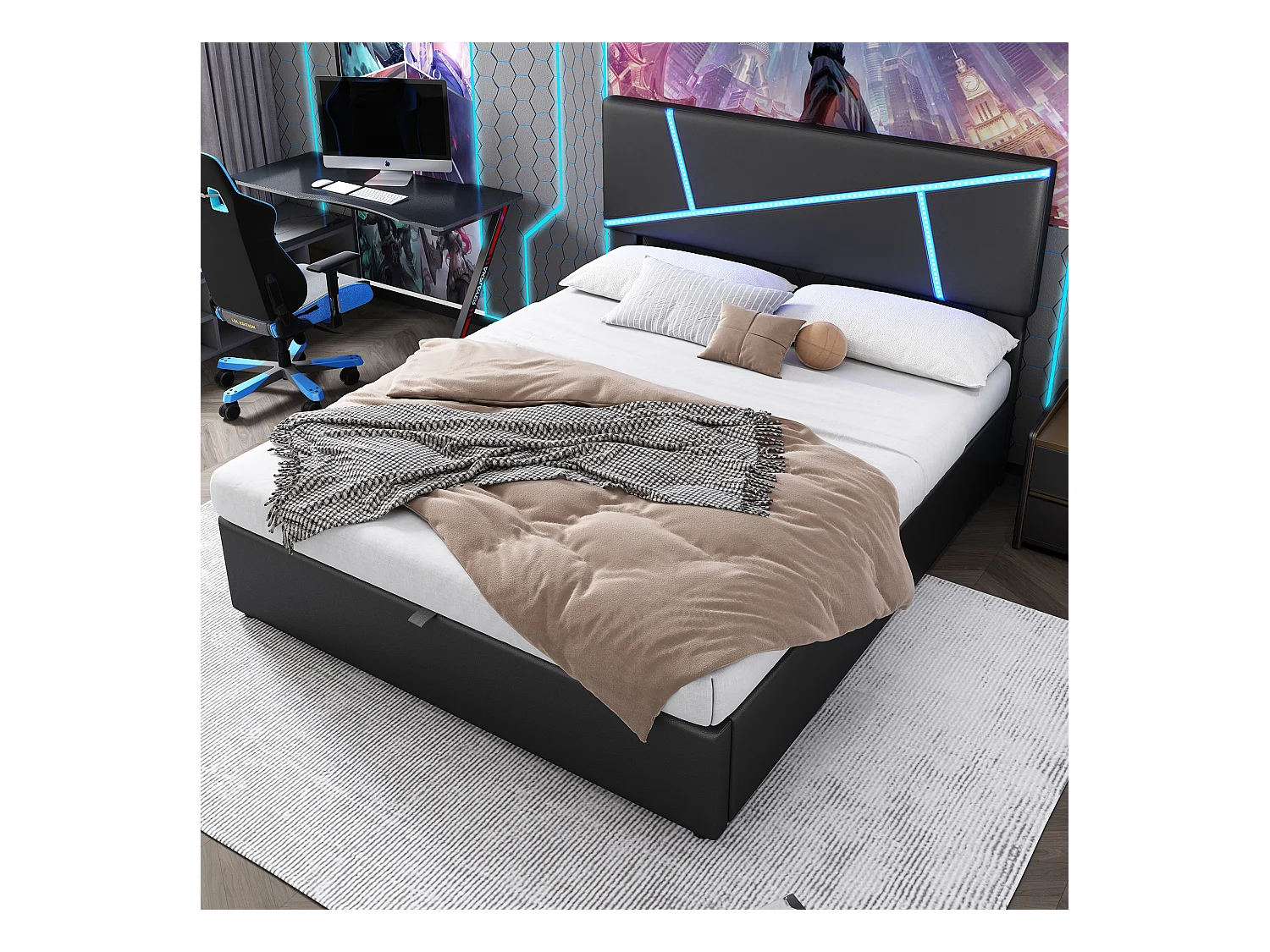 Bettkasten 140 x 200 cm mit Kopfteil – LEDs – Kunstleder – Lattenrost und Stauraum – Farbe Schwarz