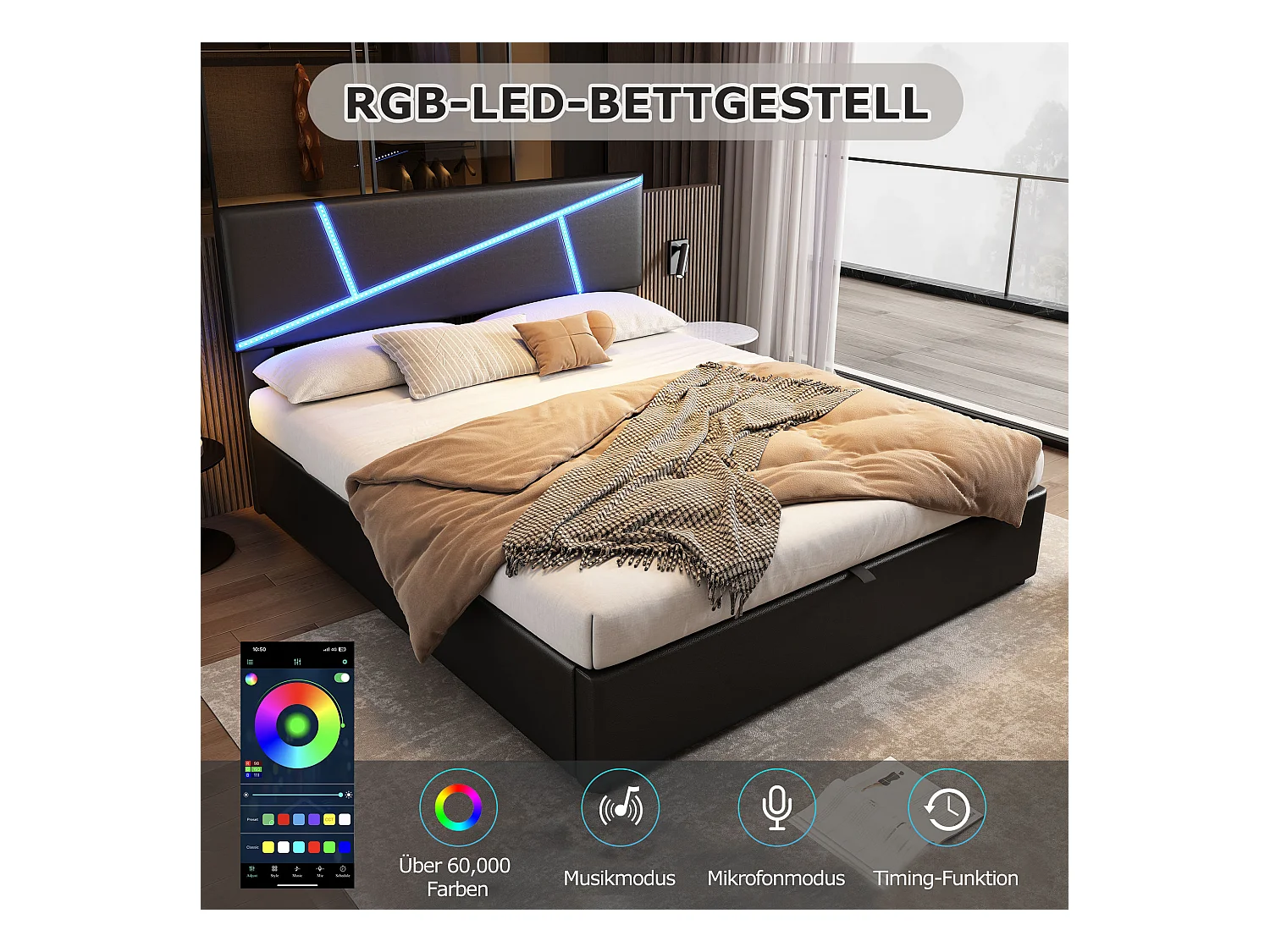 Bettkasten 140 x 200 cm mit Kopfteil – LEDs – Kunstleder – Lattenrost und Stauraum – Farbe Schwarz