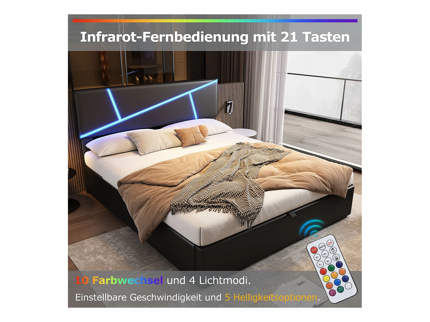 Bettkasten 140 x 200 cm mit Kopfteil – LEDs – Kunstleder – Lattenrost und Stauraum – Farbe Schwarz
