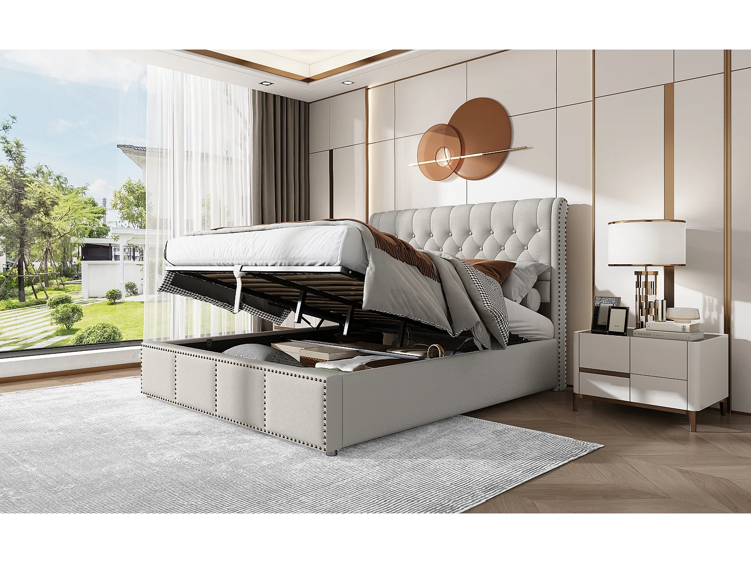 Letto contenitore 140 x 190 cm con testiera - Cotone-lino - Decorazione rivettata - Colore grigio