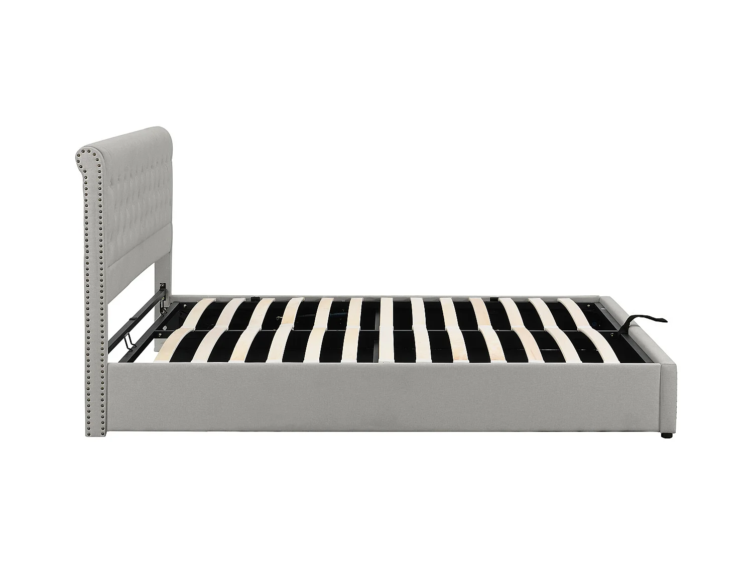 Letto contenitore 140 x 190 cm con testiera - Cotone-lino - Decorazione rivettata - Colore grigio