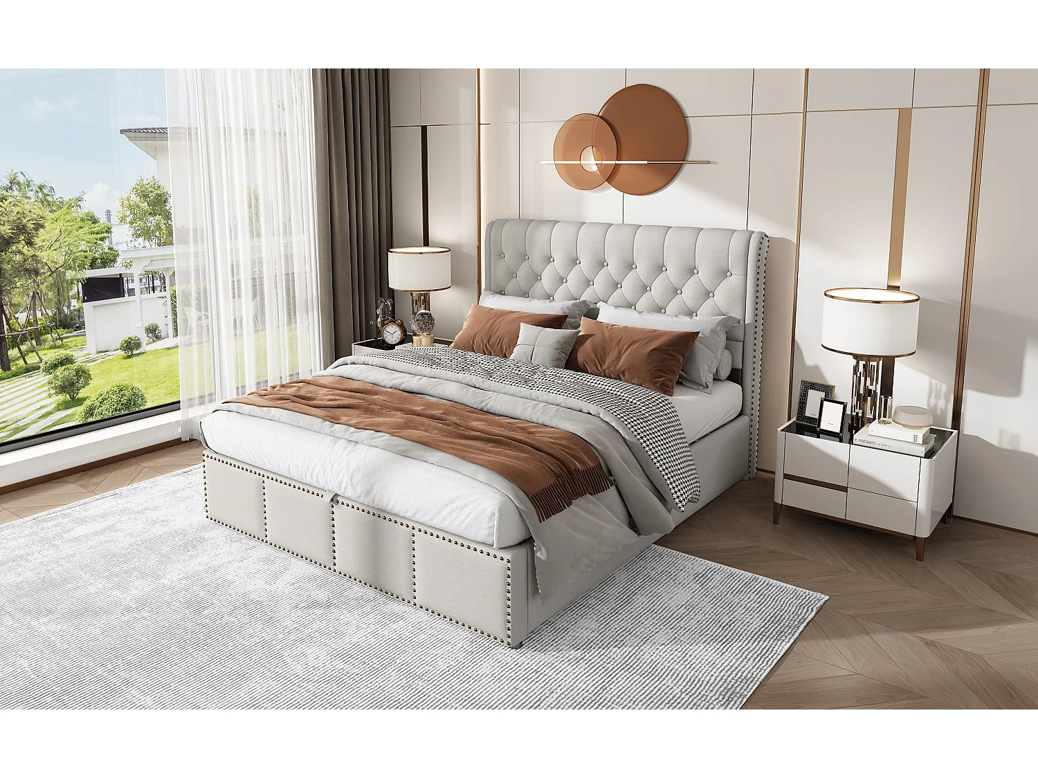 Letto contenitore 140 x 190 cm con testiera - Cotone-lino - Decorazione rivettata - Colore grigio