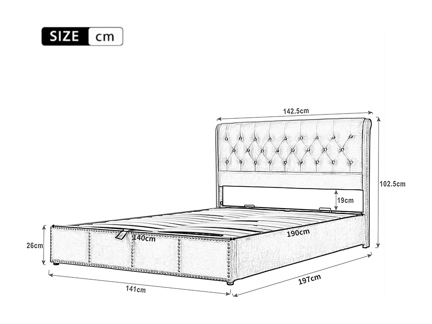 Letto contenitore 140 x 190 cm con testiera - Cotone-lino - Decorazione rivettata - Colore grigio