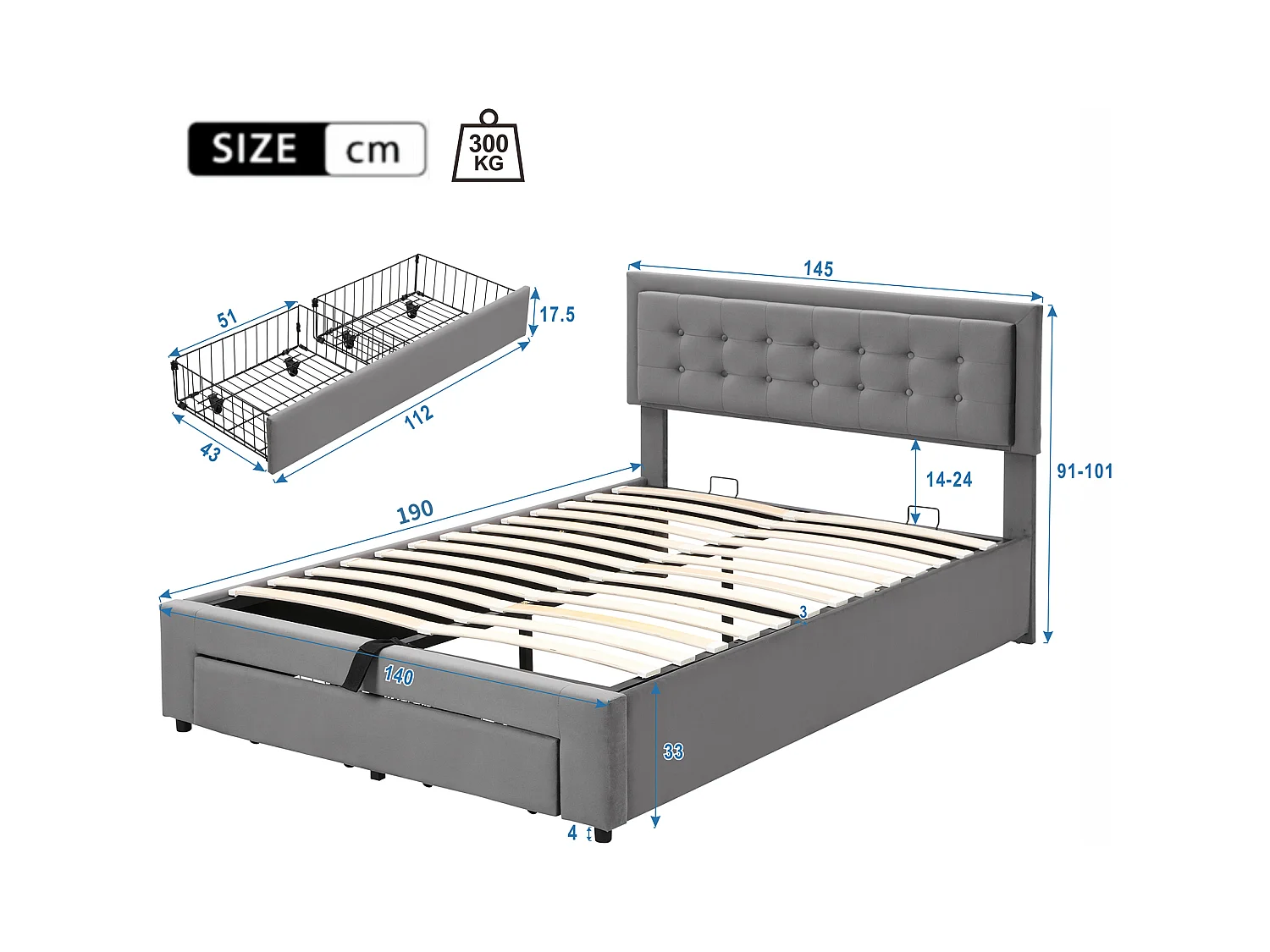 Opbergbed 140 x 190 cm met 2 lades en hoofdeinde - Fluweel - Grijze kleur