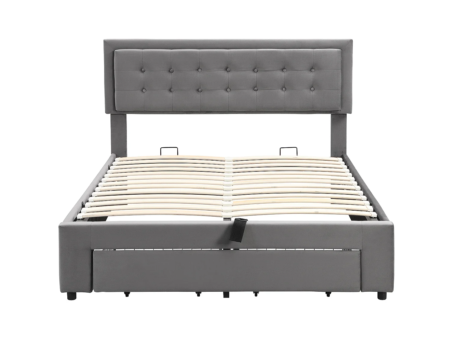 Cama arrumação 140 x 190 cm com 2 gavetas e cabeceira - Veludo - Cor cinza