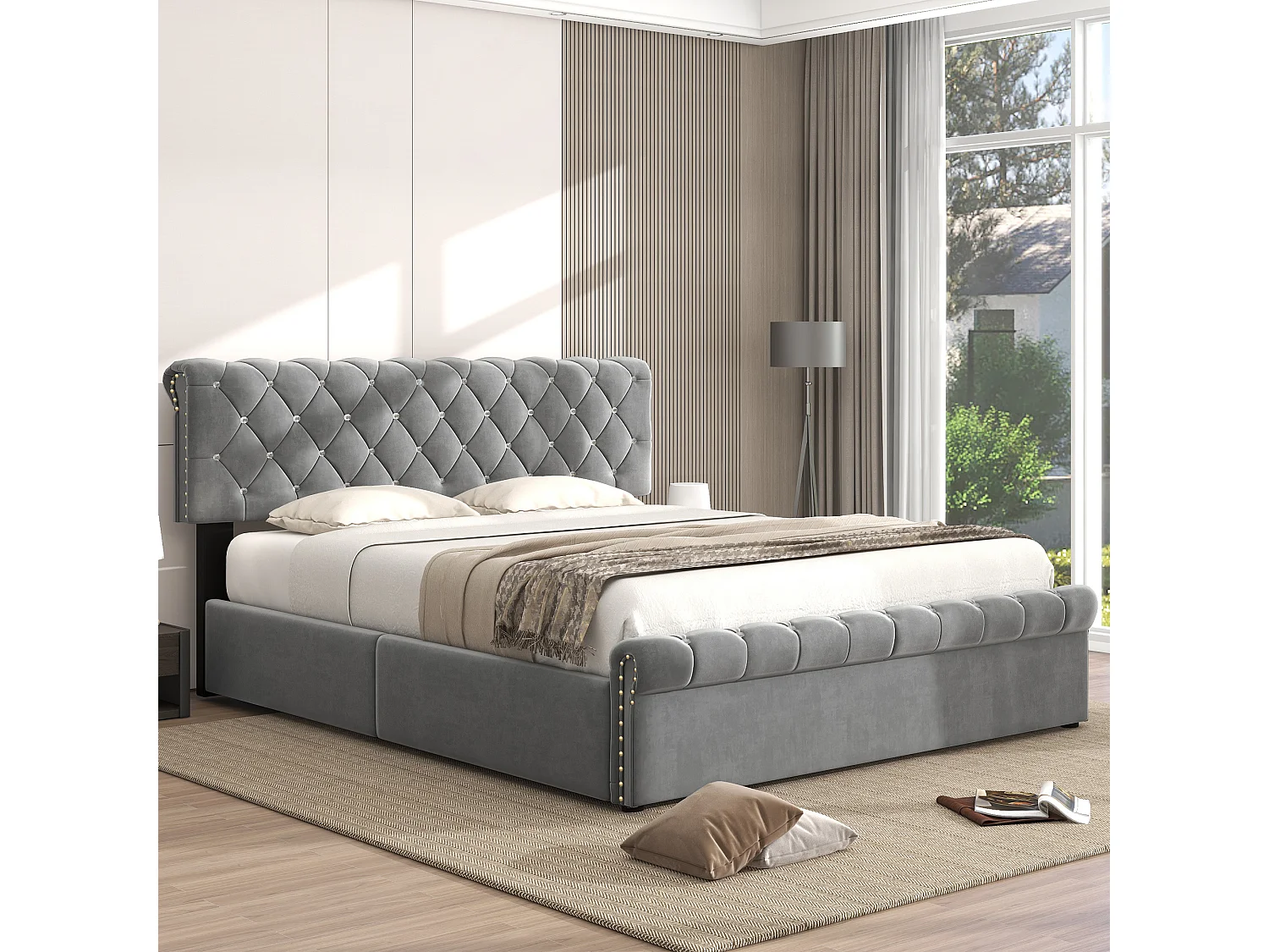 Lit coffre 140 x 190 cm avec tête de lit réglable - Velours - Décor avec boucle en cristal - Coloris gris