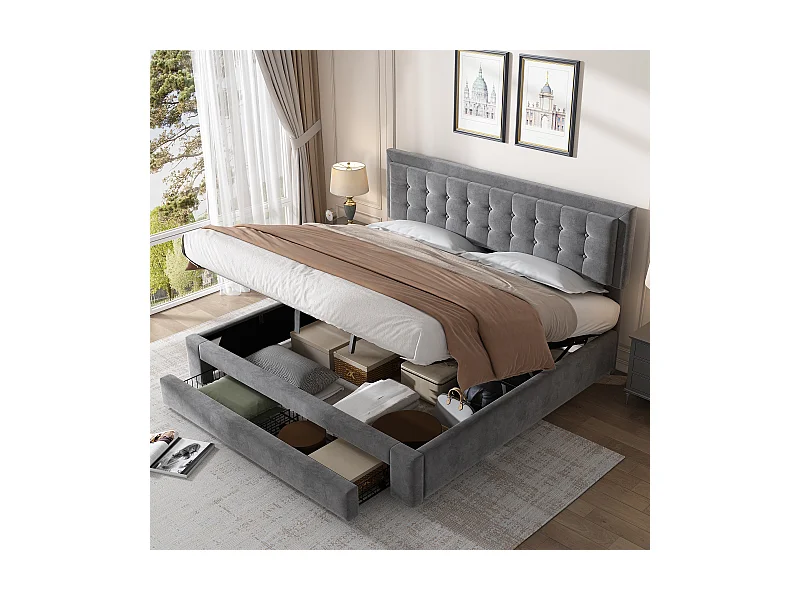 Stauraumbett 180 x 200 cm mit Kopfteil und großer Schublade – Samt – Lattenrost – Farbe Grau