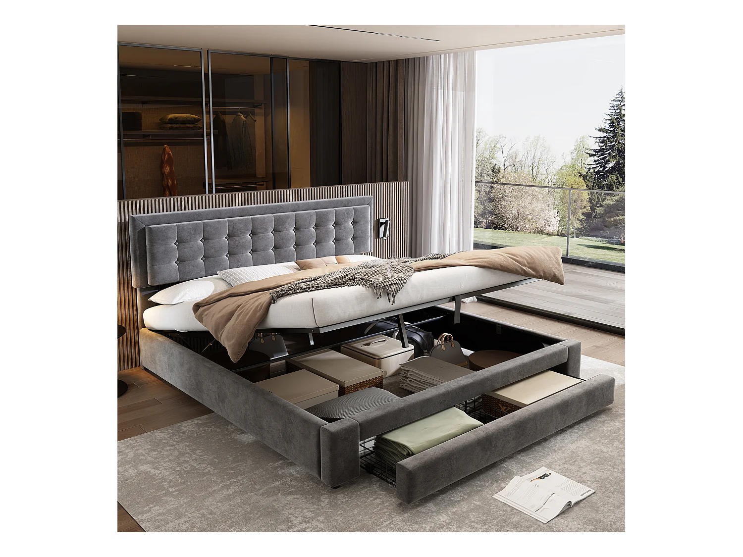 Stauraumbett 180 x 200 cm mit Kopfteil und großer Schublade – Samt – Lattenrost – Farbe Grau