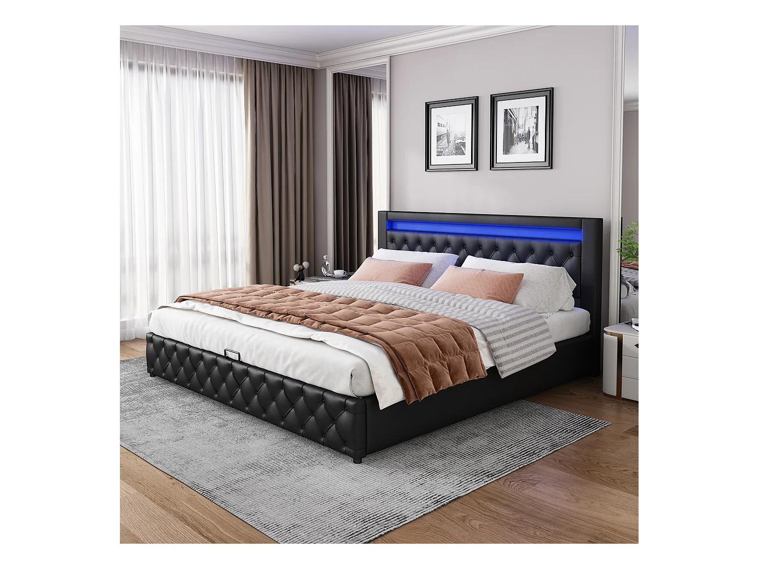 Lit coffre 140 x 200 cm avec tête de lit  - LEDs - Cuir PU - Sommier à lattes et espace de rangement - Coloris noir