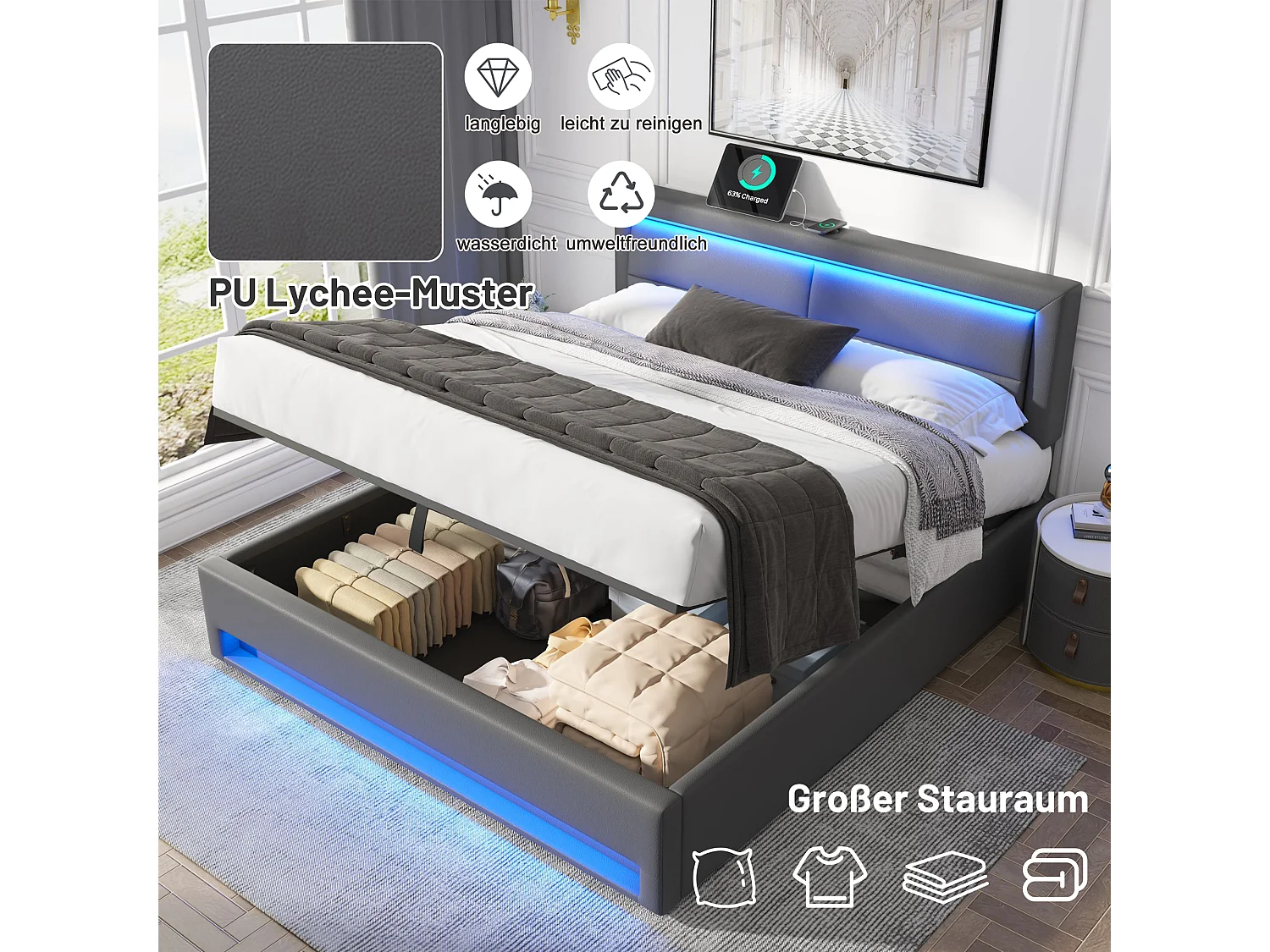 Cama con cabecero y canapé de 160 x 200 cm - Piel sintética - Puerto USB e iluminación LED - Color gris