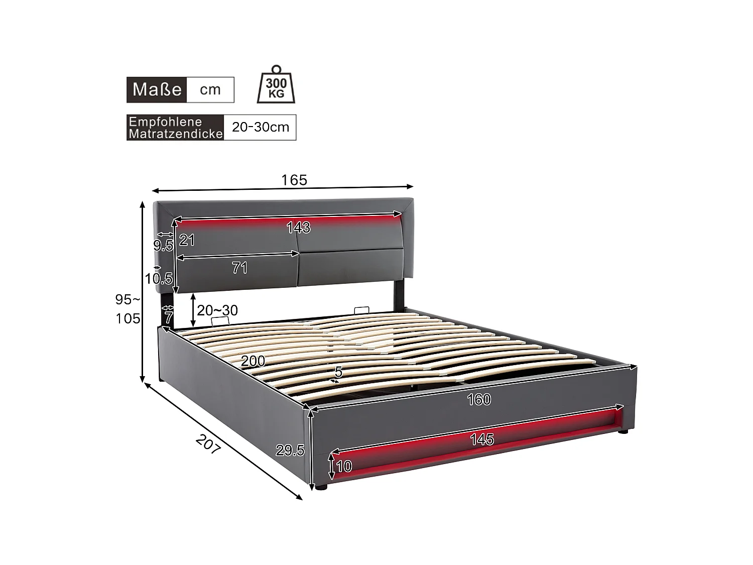 160 x 200 cm Bett mit Stauraum und Kopfteil – PU-Leder – USB-Anschluss und LED-Beleuchtung – Farbe Grau