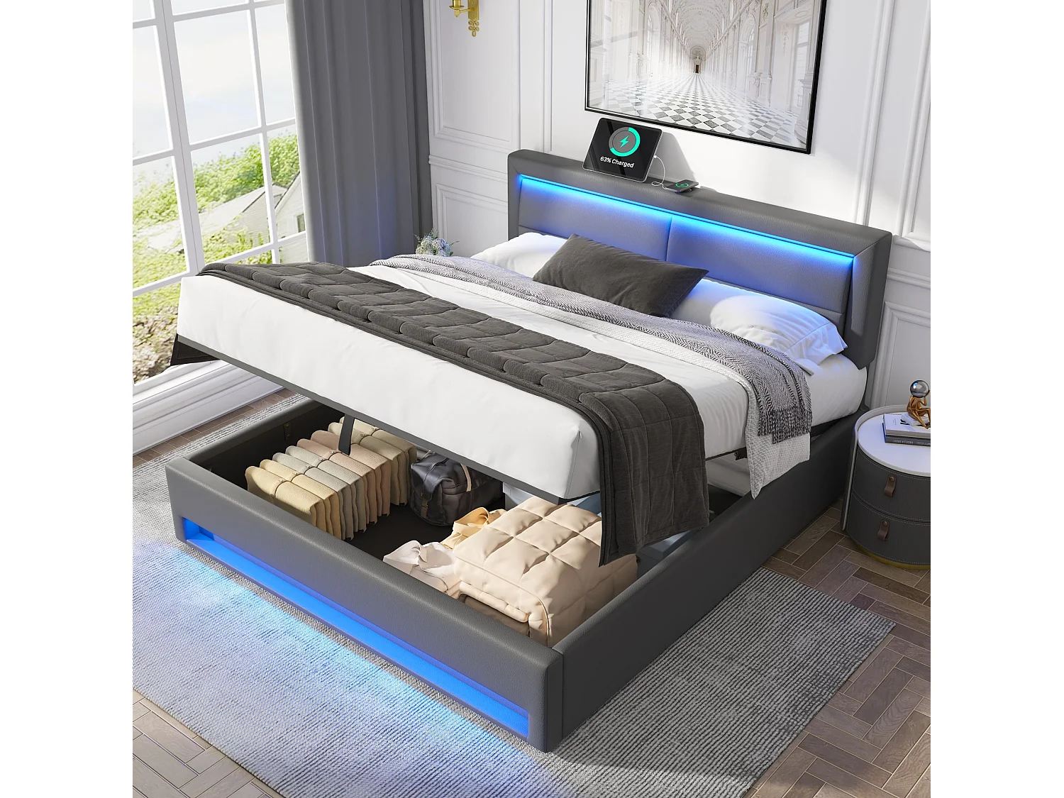 160 x 200 cm Bett mit Stauraum und Kopfteil – PU-Leder – USB-Anschluss und LED-Beleuchtung – Farbe Grau