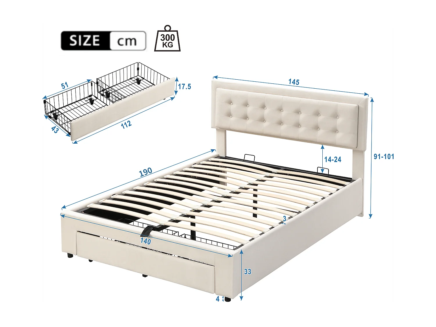 Lit coffre 140 x 190 cm avec 2 tiroirs et tête de lit - Velours - Coloris beige