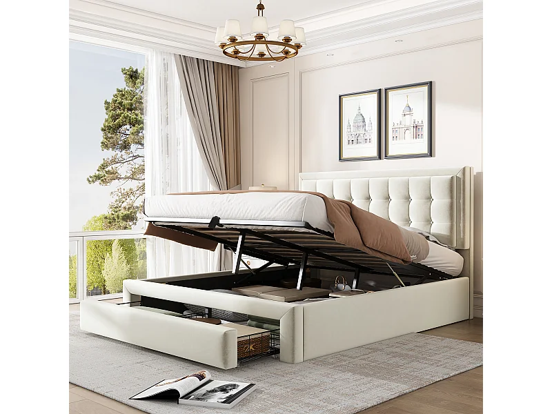 Stauraumbett 140 x 190 cm mit 2 Schubladen und Kopfteil – Samt – Farbe Beige