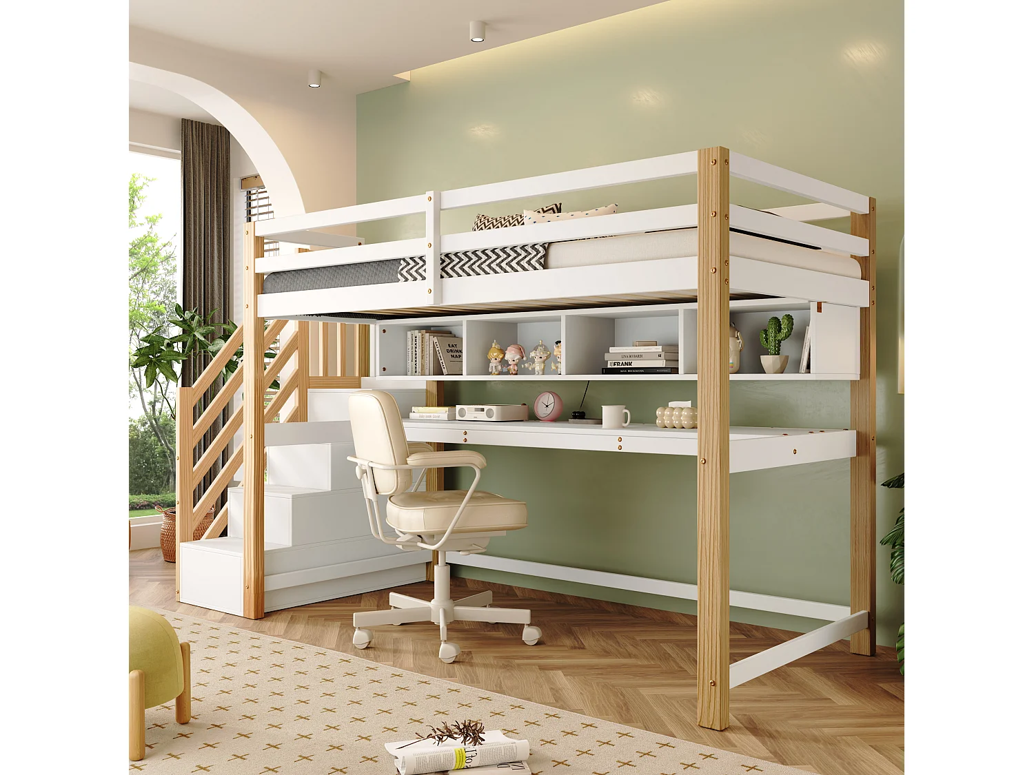 Kinderhoogslaper 90 x 200 cm met bureau, planken en opbergtrap - massief hout - kleuren naturel en wit