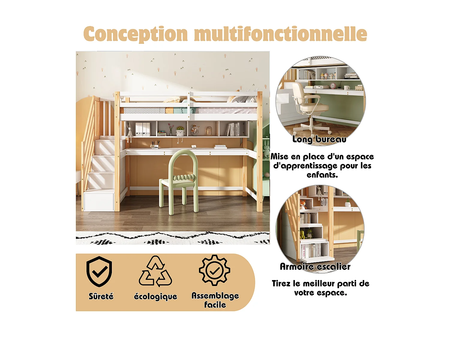 Kinderhoogslaper 90 x 200 cm met bureau, planken en opbergtrap - massief hout - kleuren naturel en wit