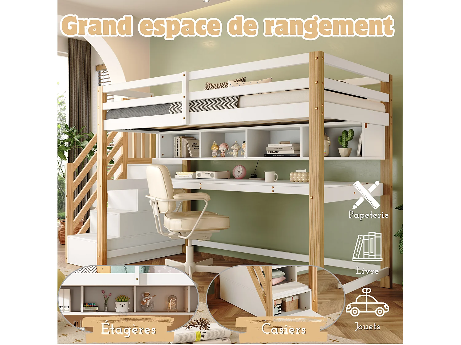 Kinderhoogslaper 90 x 200 cm met bureau, planken en opbergtrap - massief hout - kleuren naturel en wit