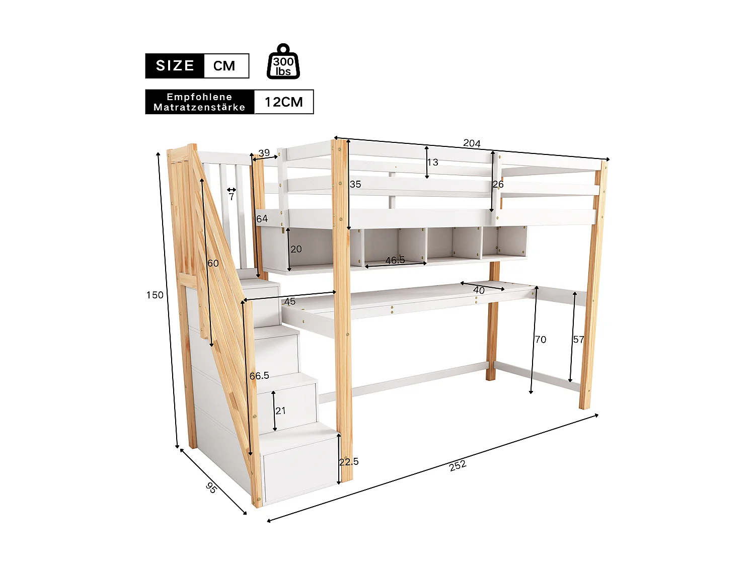 Kinderhoogslaper 90 x 200 cm met bureau, planken en opbergtrap - massief hout - kleuren naturel en wit