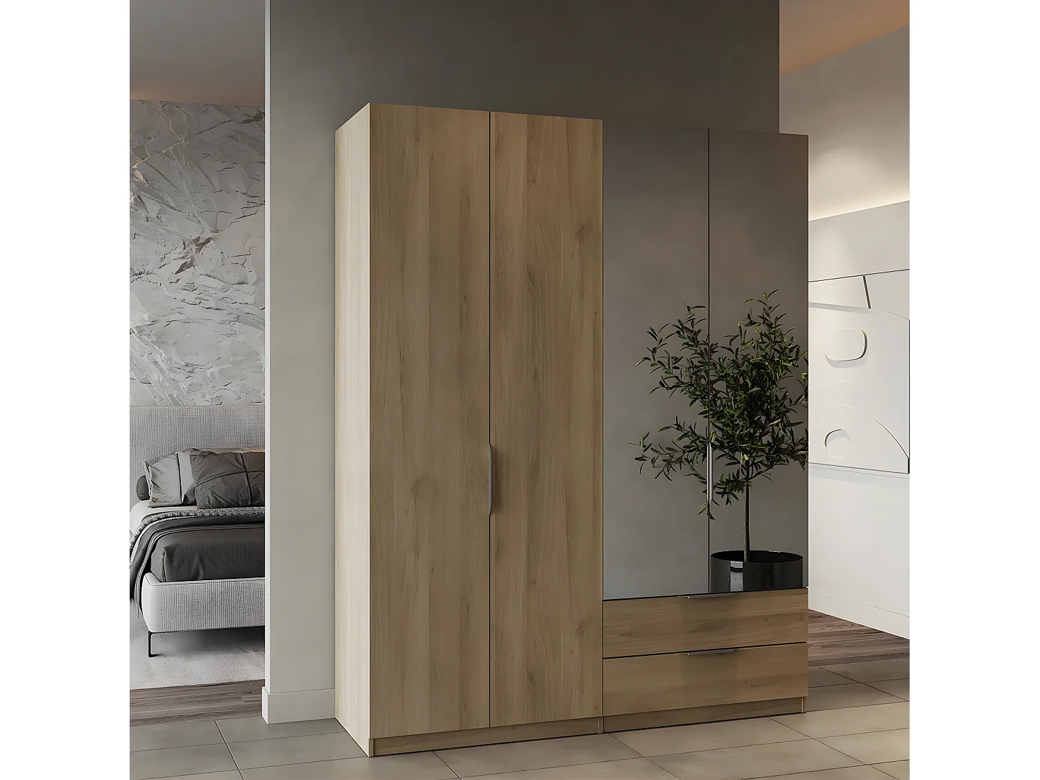 Armoire 4 portes, 2 tiroirs et 2 miroirs Ghost - L157,3 cm