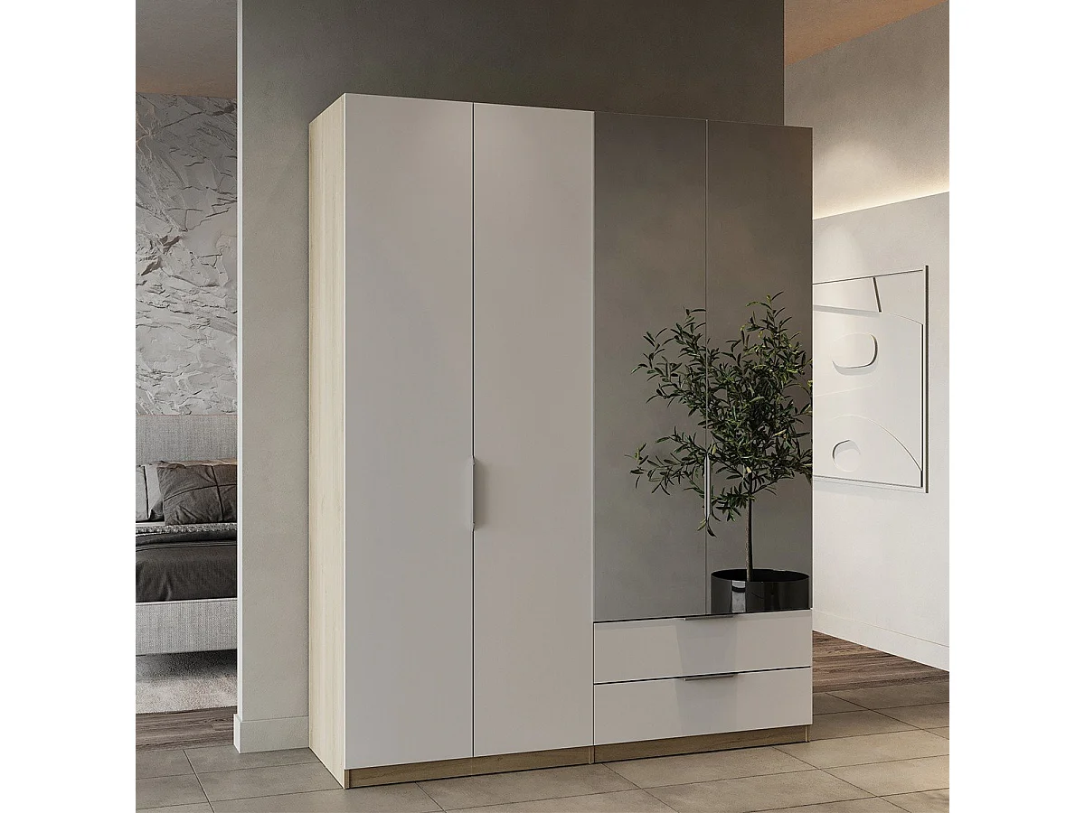 4-deurs kast met spiegel - GHOST - Wit en Eik - 157,3 x 51,1 x 203 cm - DEMEYERE