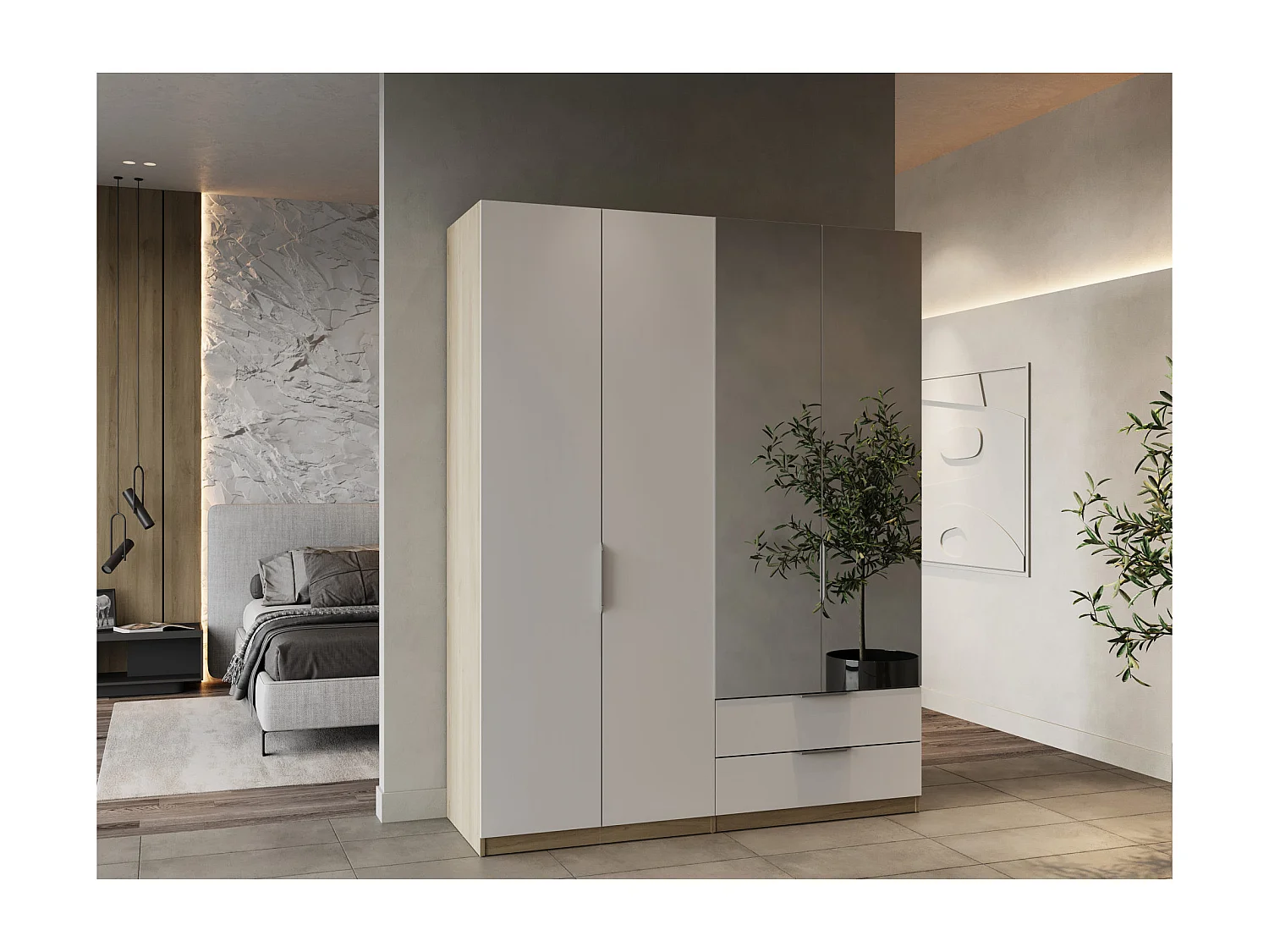 4-deurs kast met spiegel - GHOST - Wit en Eik - 157,3 x 51,1 x 203 cm - DEMEYERE