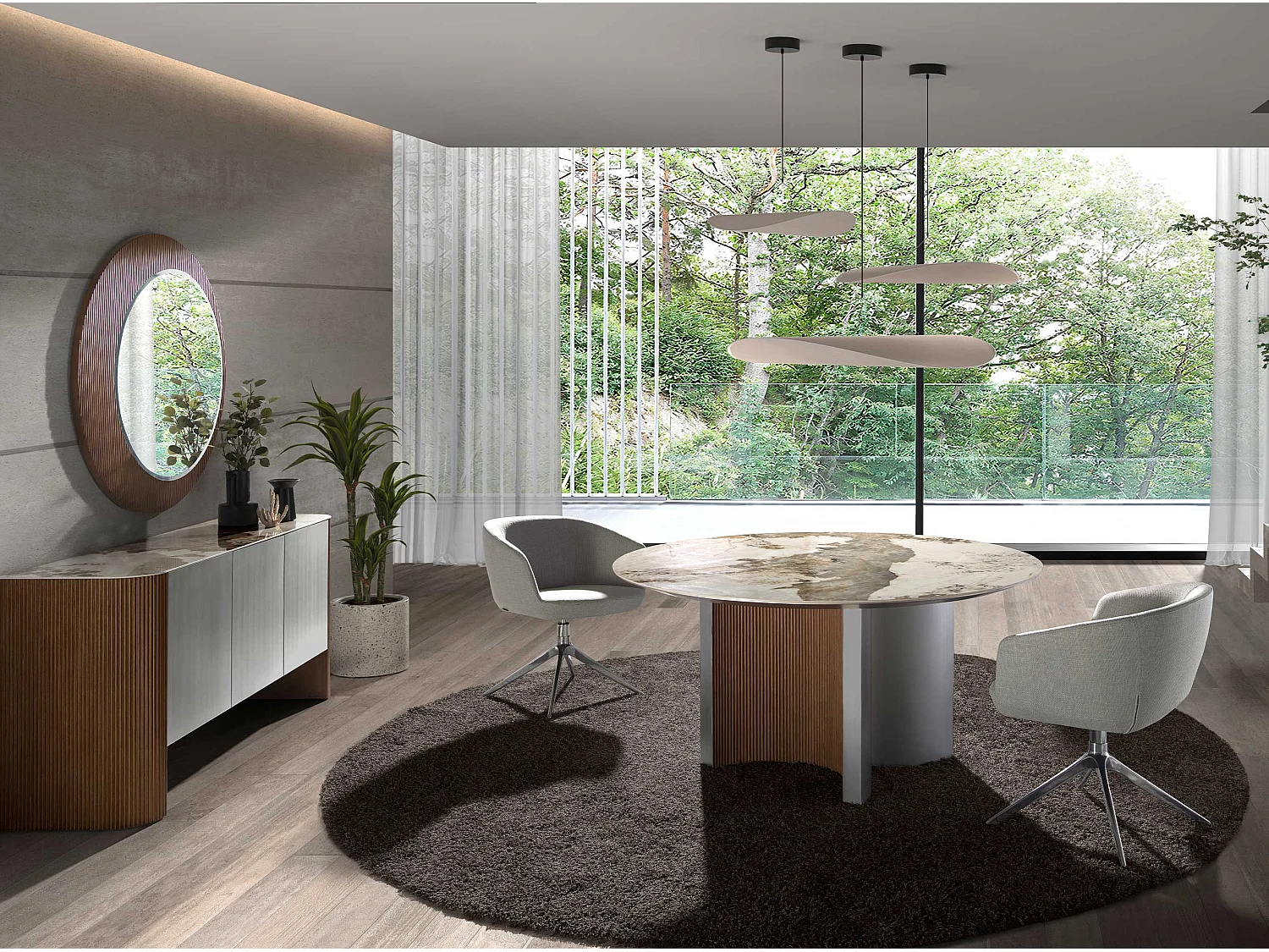 Runder Esstisch aus Porzellanmarmor, Nussbaum und silberfarbenem Holz 1148 ANGEL CERDA