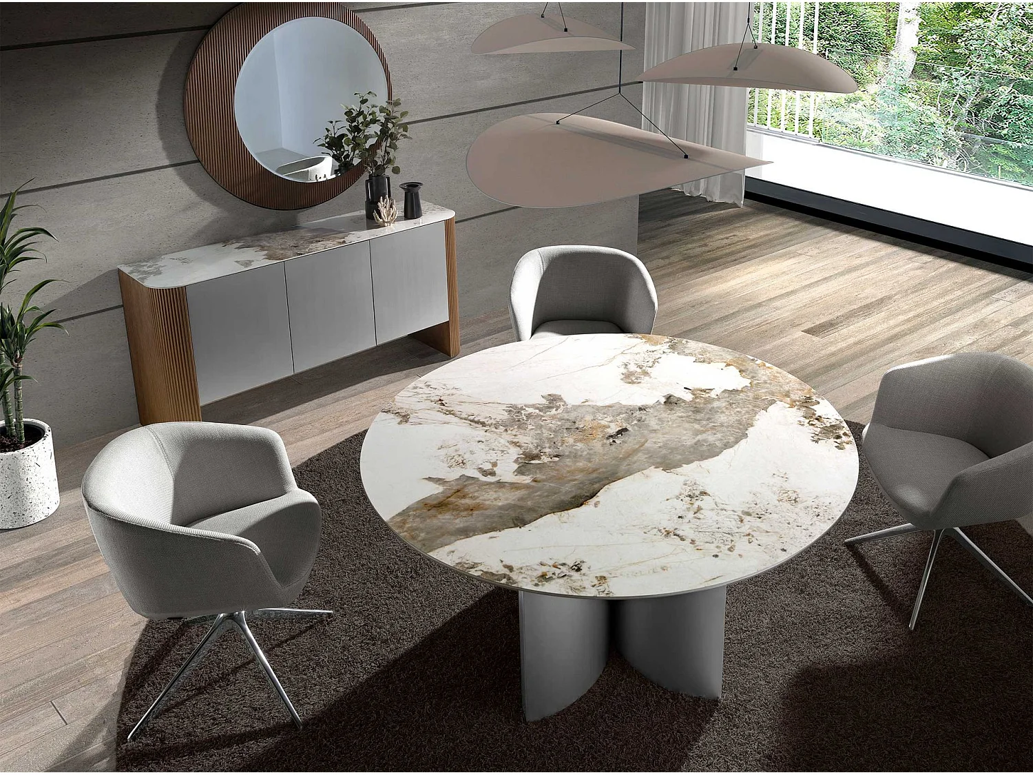 Ronde eettafel porselein marmer, walnoot en zilver MDF hout 1148 ANGEL CERDA