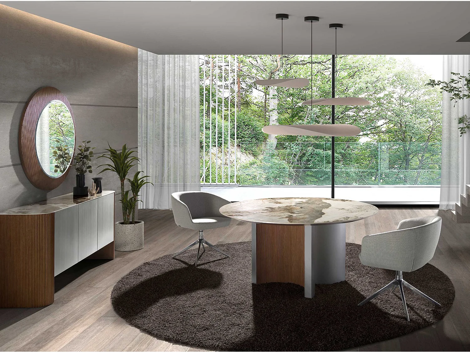 Ronde eettafel porselein marmer, walnoot en zilver MDF hout 1148 ANGEL CERDA