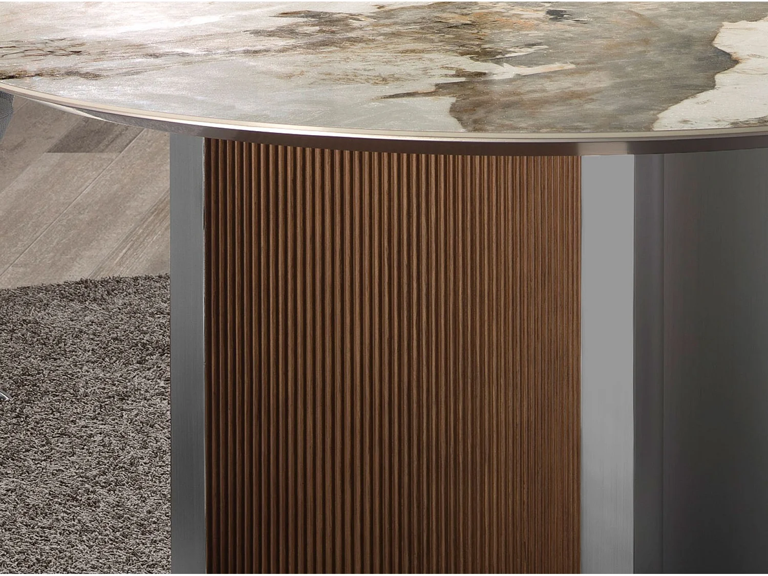 Ronde eettafel porselein marmer, walnoot en zilver MDF hout 1148 ANGEL CERDA