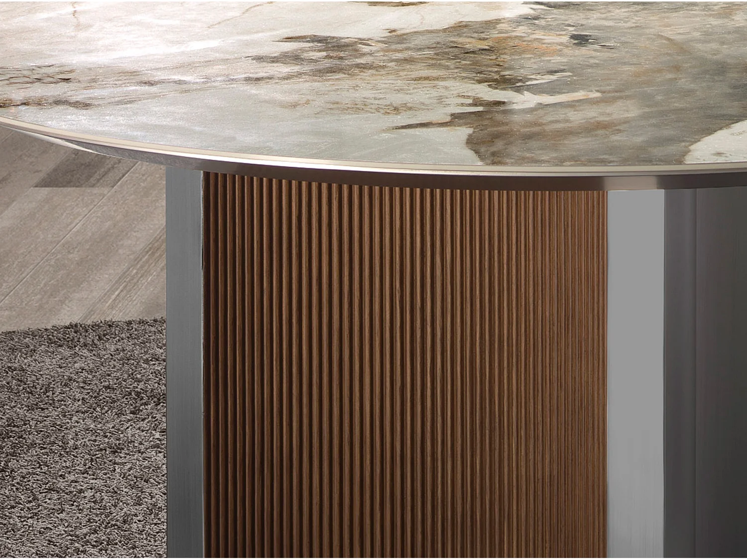 Ronde eettafel porselein marmer, walnoot en zilver MDF hout 1148 ANGEL CERDA