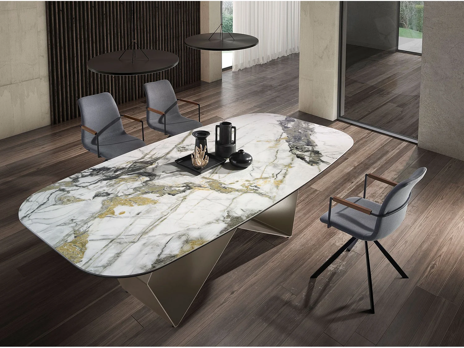 Table de salle à manger rectangulaire en marbre porcelaine et acier couleur champagne 1140 ANGEL CERDA
