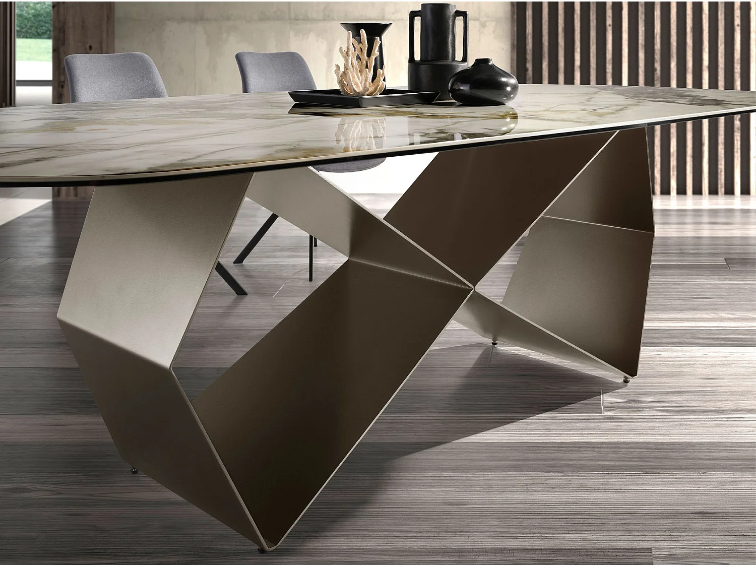 Table de salle à manger rectangulaire en marbre porcelaine et acier couleur champagne 1140 ANGEL CERDA