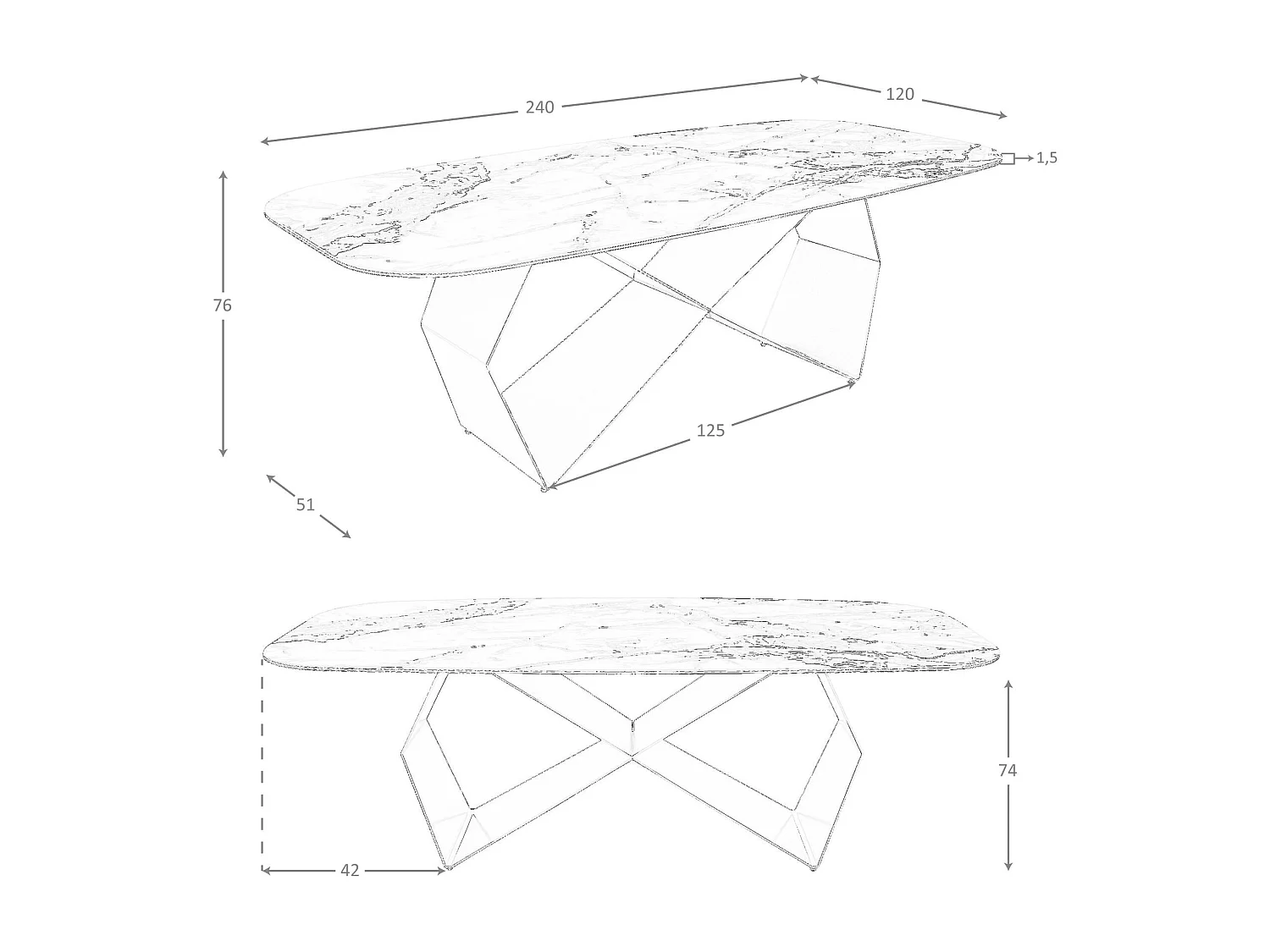 Table de salle à manger rectangulaire en marbre porcelaine et acier couleur champagne 1140 ANGEL CERDA