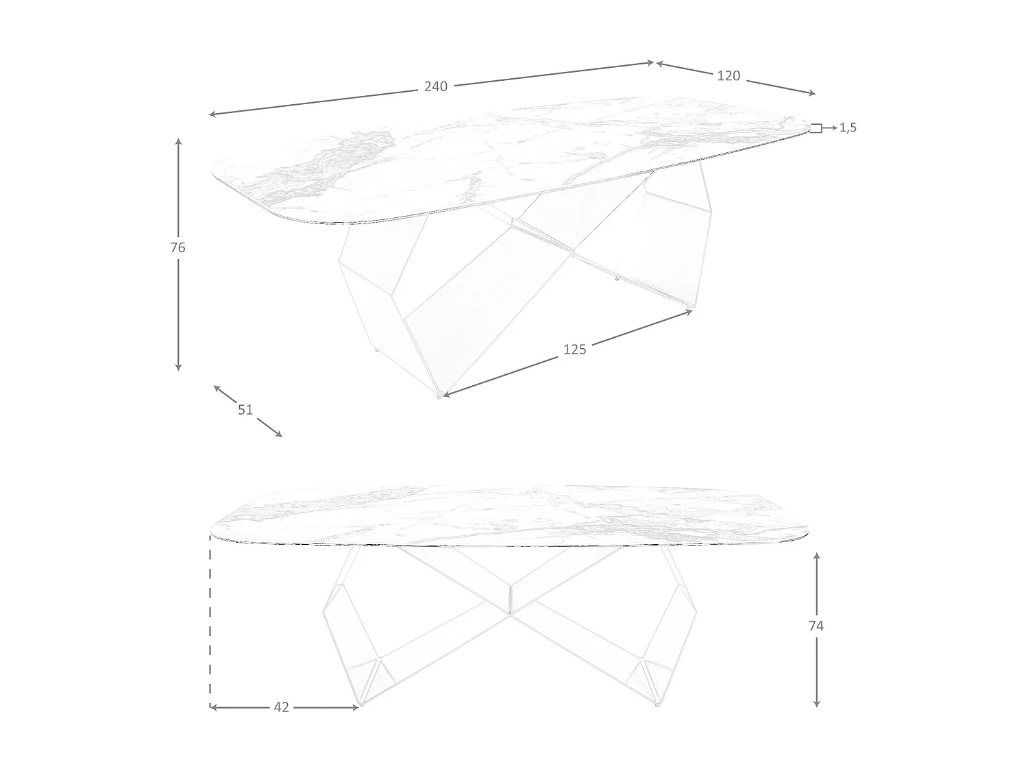 Table de salle à manger rectangulaire en marbre porcelaine et acier couleur champagne 1140 ANGEL CERDA
