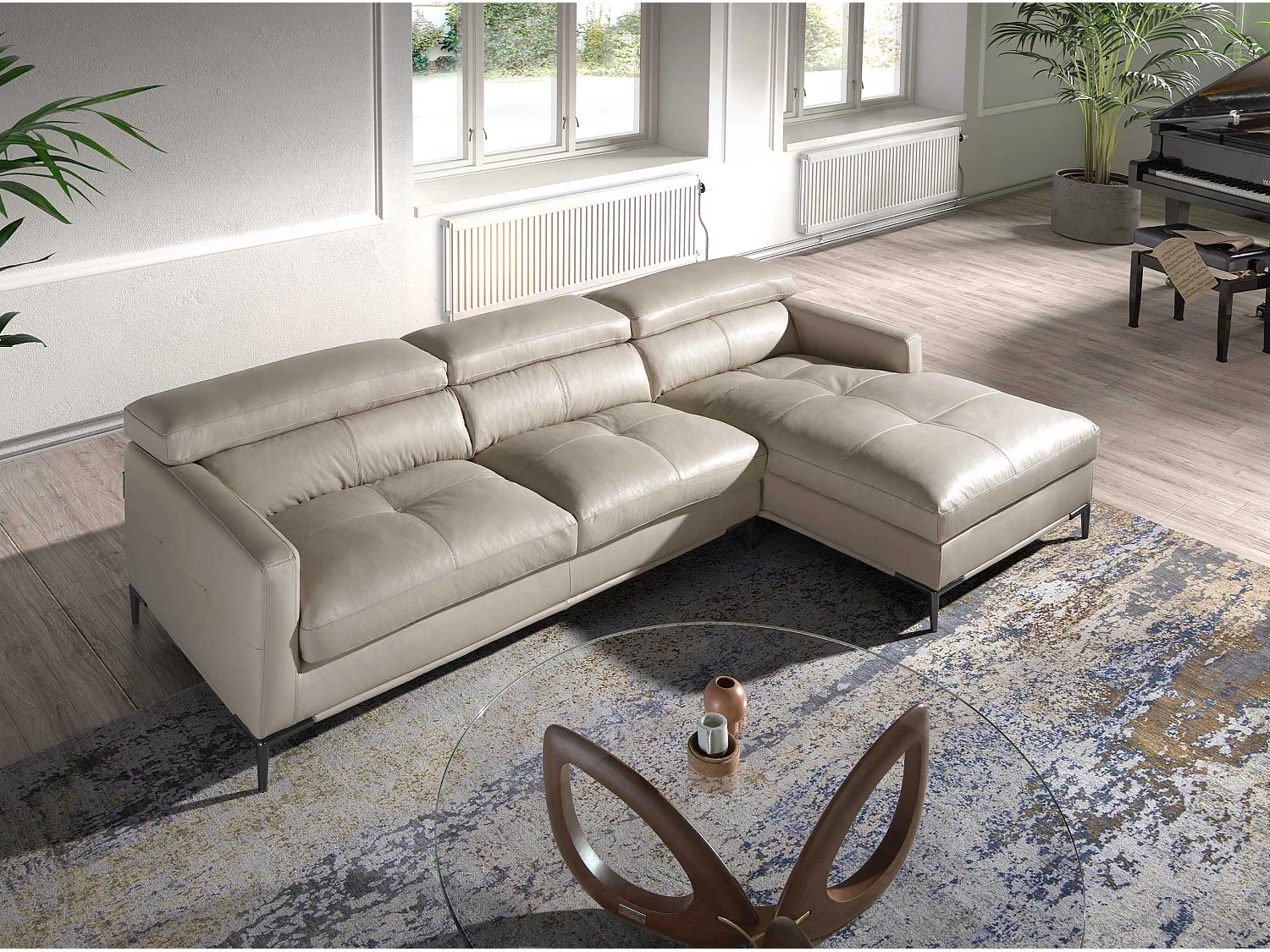 Canapé d'angle convertible 5 places avec coffre en cuir turquoise
