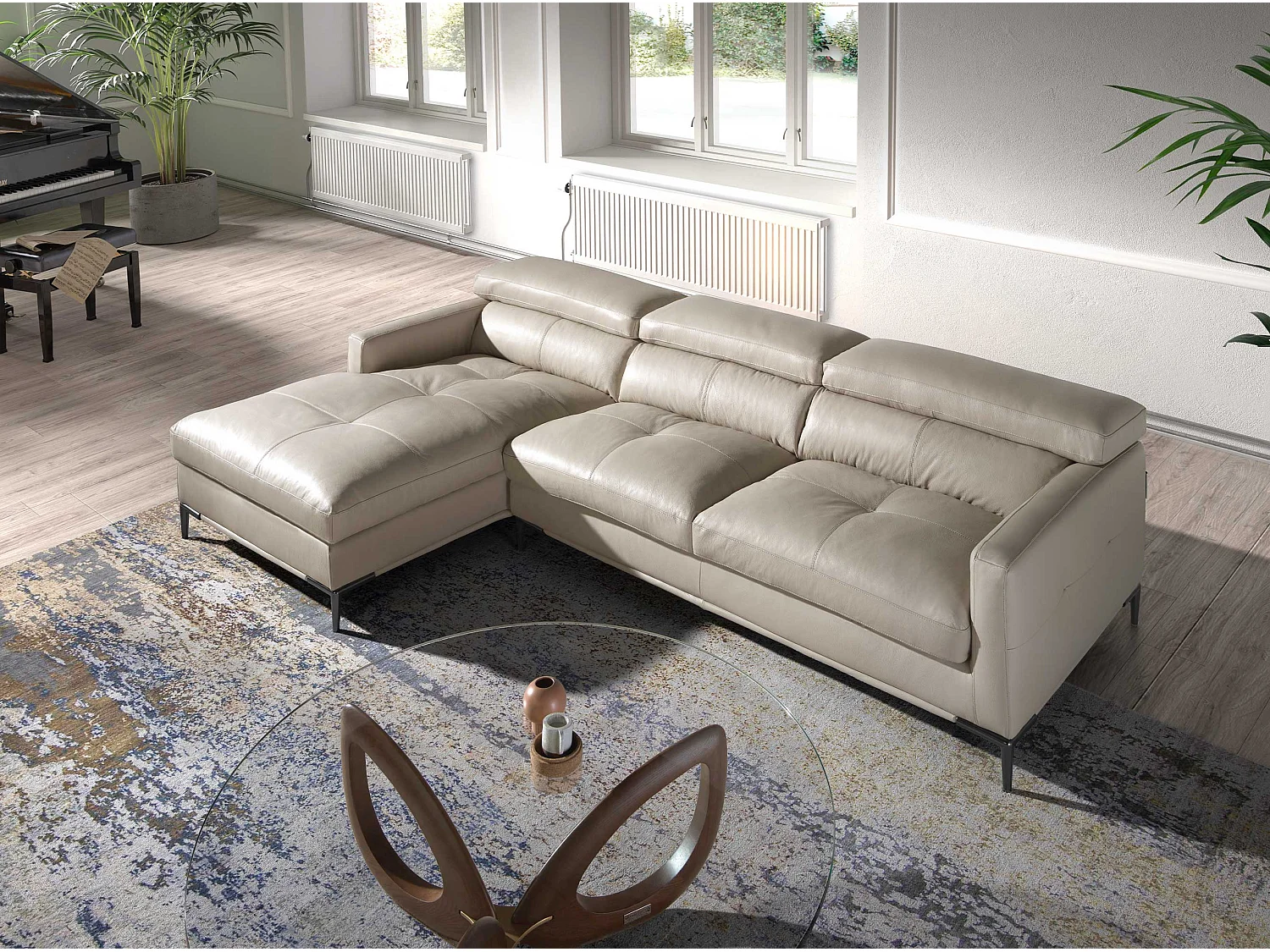 Canapé chaise longue gauche cuir sable