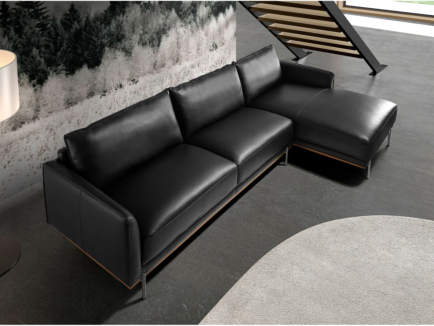 Divano chaise longue destro in pelle nera 6197 ANGEL CERDA