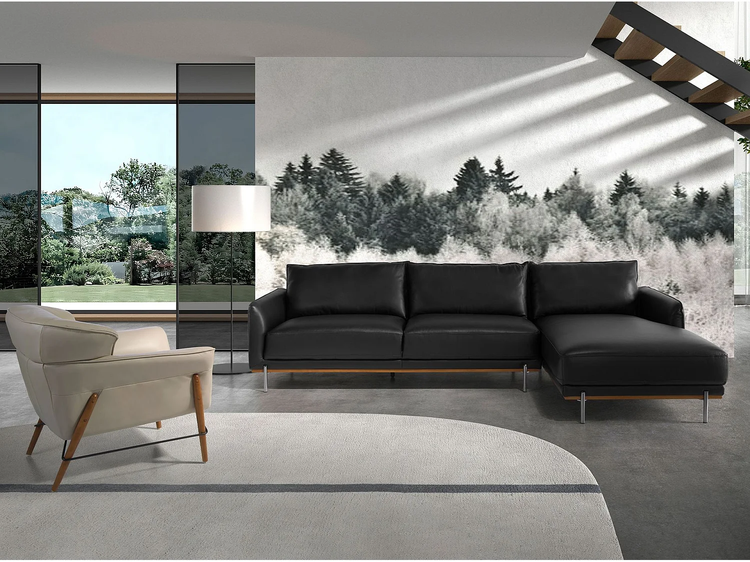 Divano chaise longue destro in pelle nera 6197 ANGEL CERDA