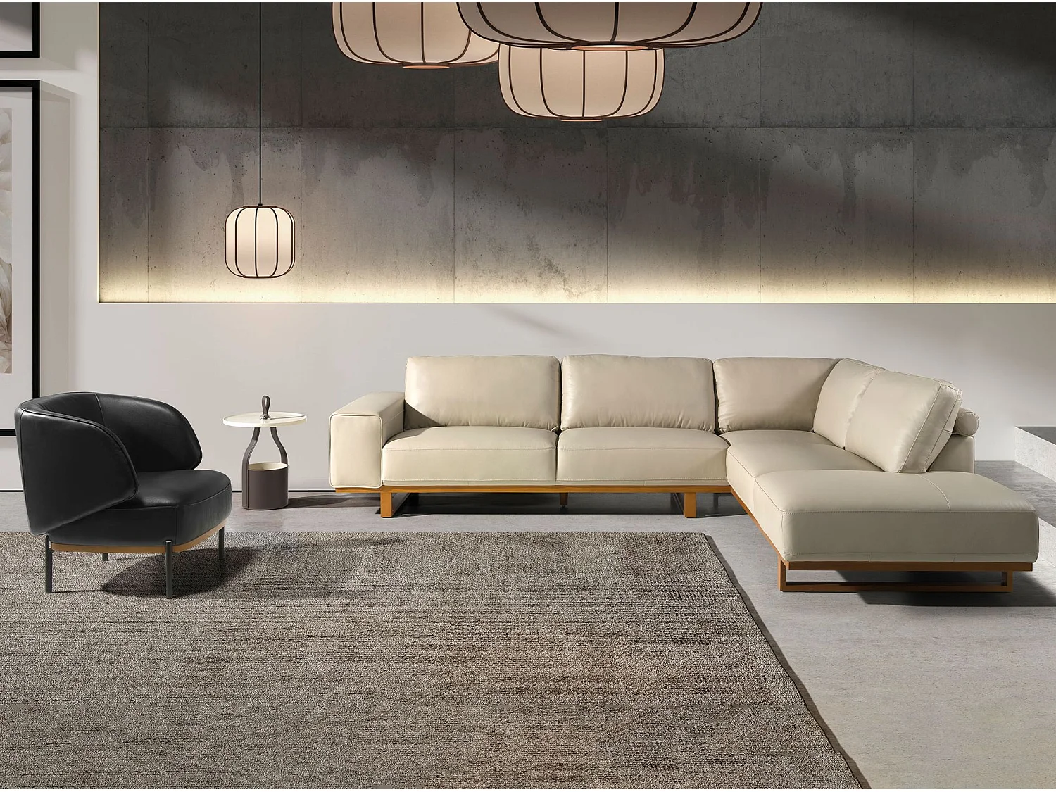 Canapé d'angle 5 places en cuir beige ANGEL