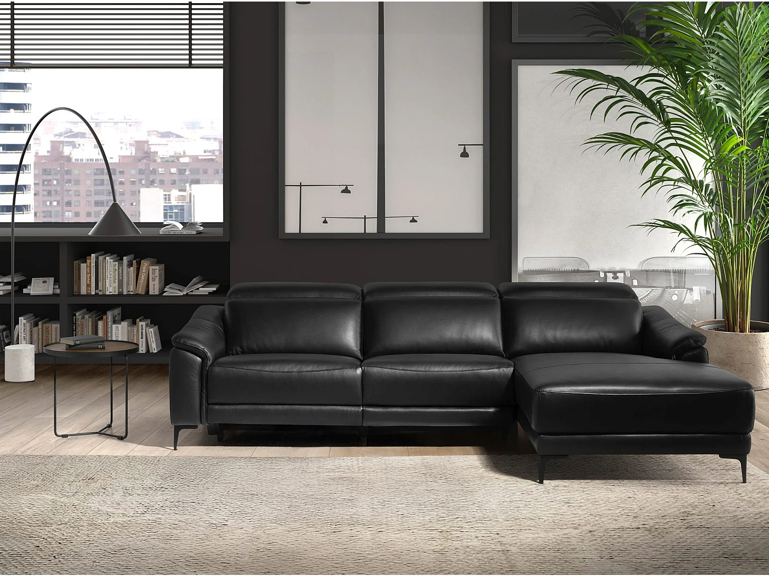 Sofá chaise longue direito em couro preto 6205 ANGEL CERDA