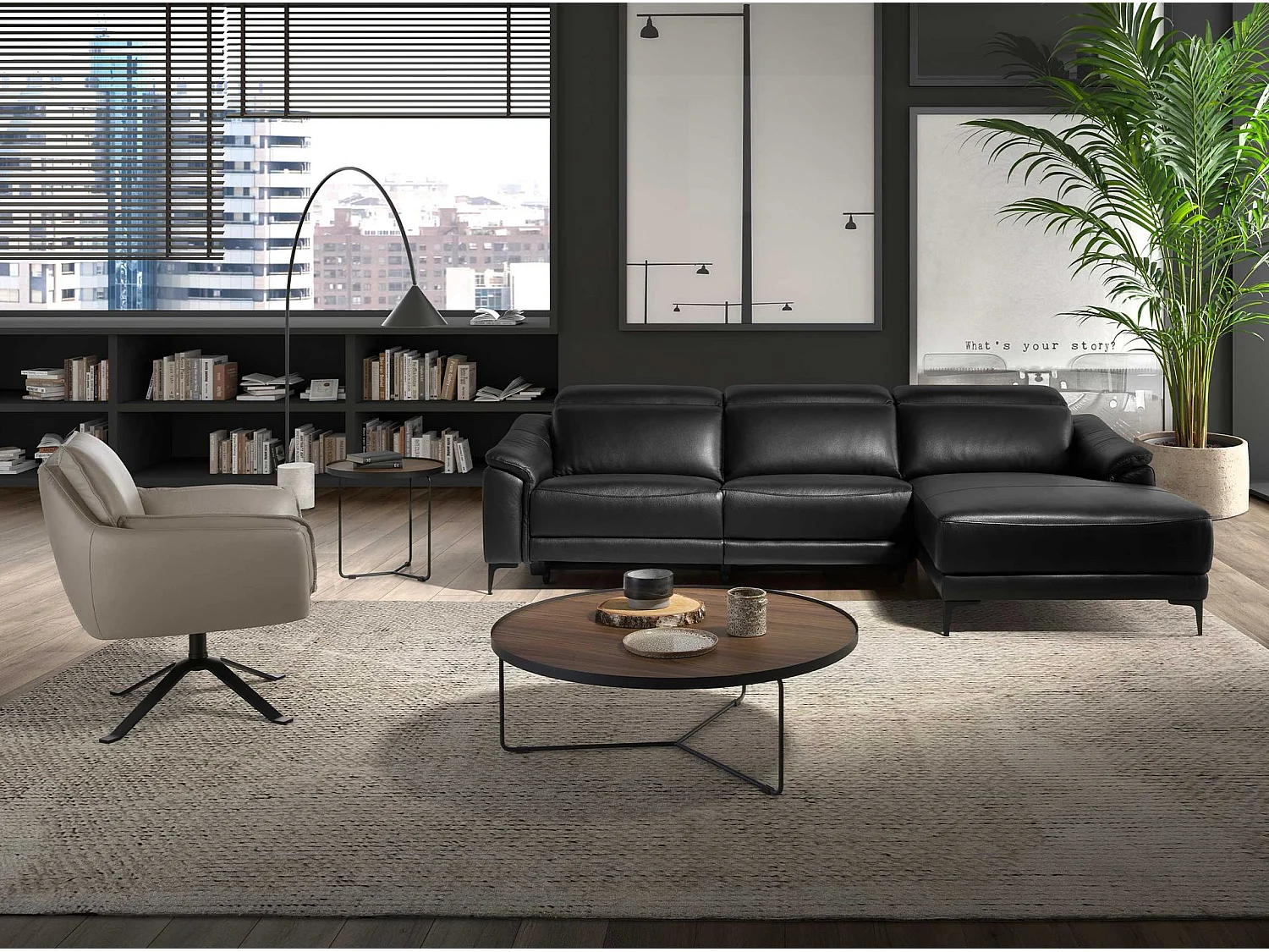 Sofá chaise longue direito em couro preto 6205 ANGEL CERDA