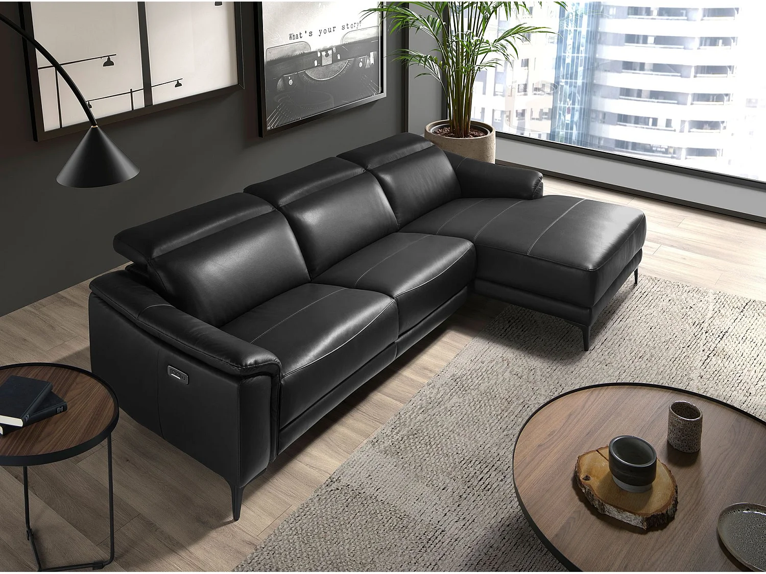 Sofá chaise longue direito em couro preto 6205 ANGEL CERDA