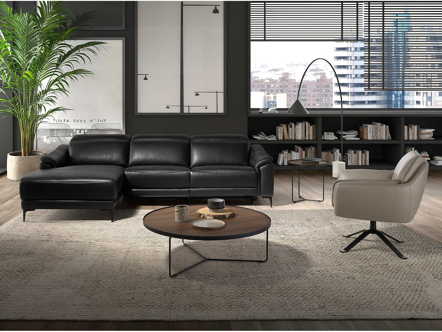 Divano relax con chaise longue sinistra in pelle nera 6206 ANGEL CERDA