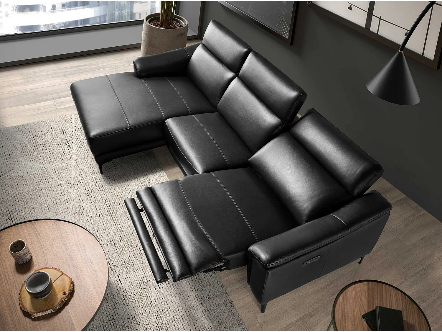 Divano relax con chaise longue sinistra in pelle nera 6206 ANGEL CERDA