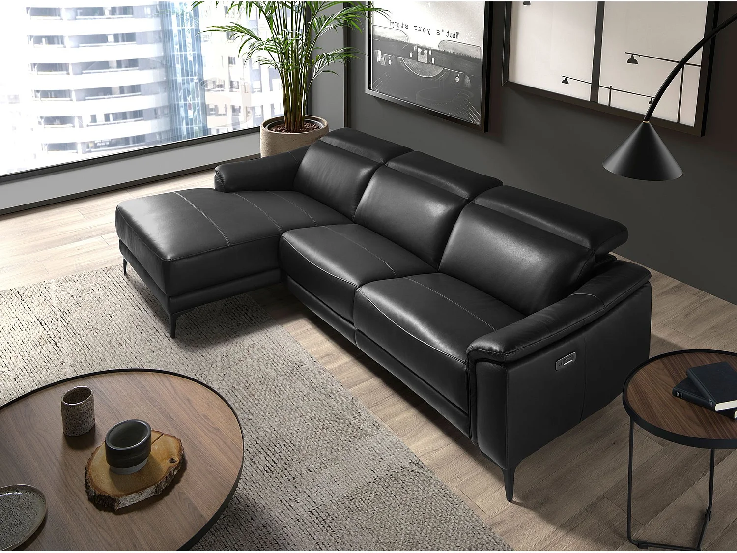 Divano relax con chaise longue sinistra in pelle nera 6206 ANGEL CERDA