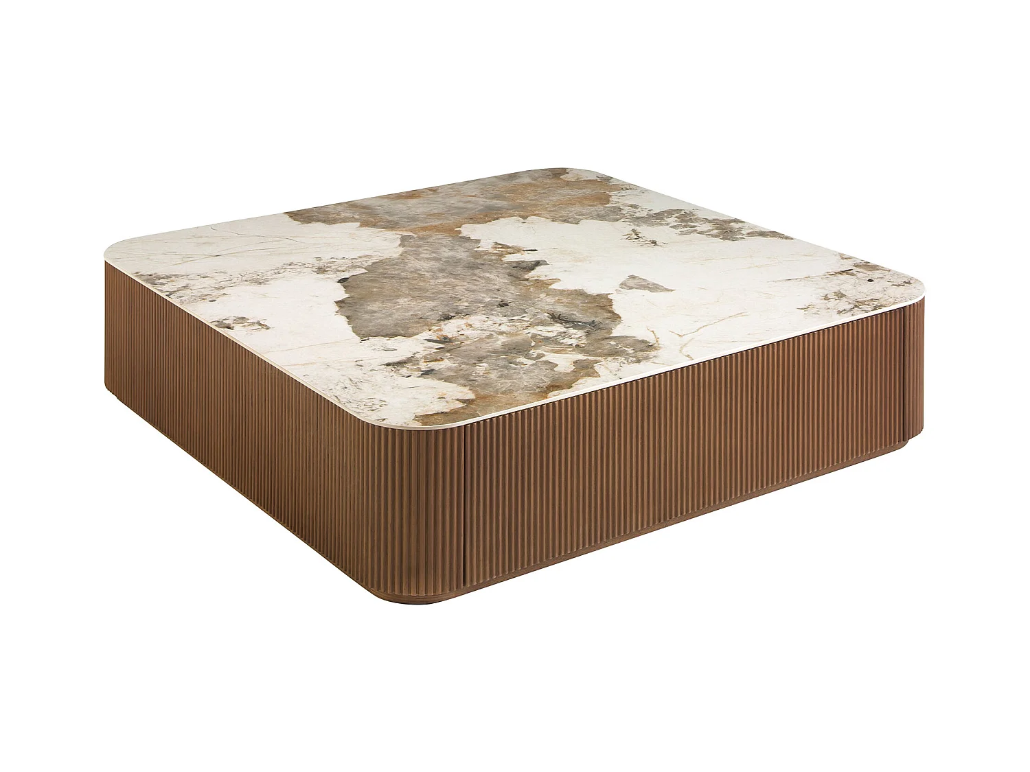 Mesa de centro quadrada em porcelana, mármore e nogueira 2140