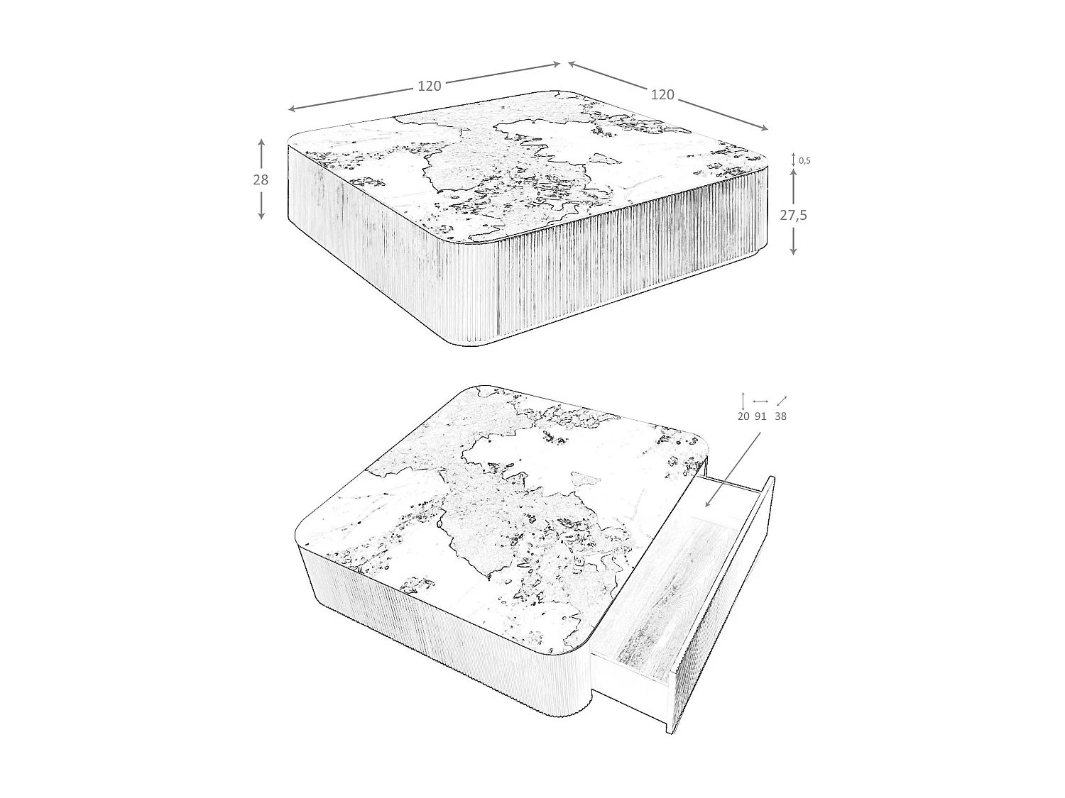Vierkante salontafel van porselein marmer en walnoot 2140 ANGEL CERDA