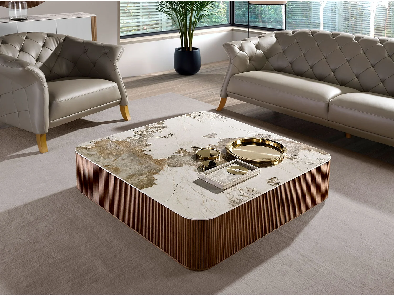 Quadratischer Couchtisch aus Porzellanmarmor und Nussbaumholz 2140 ANGEL CERDA